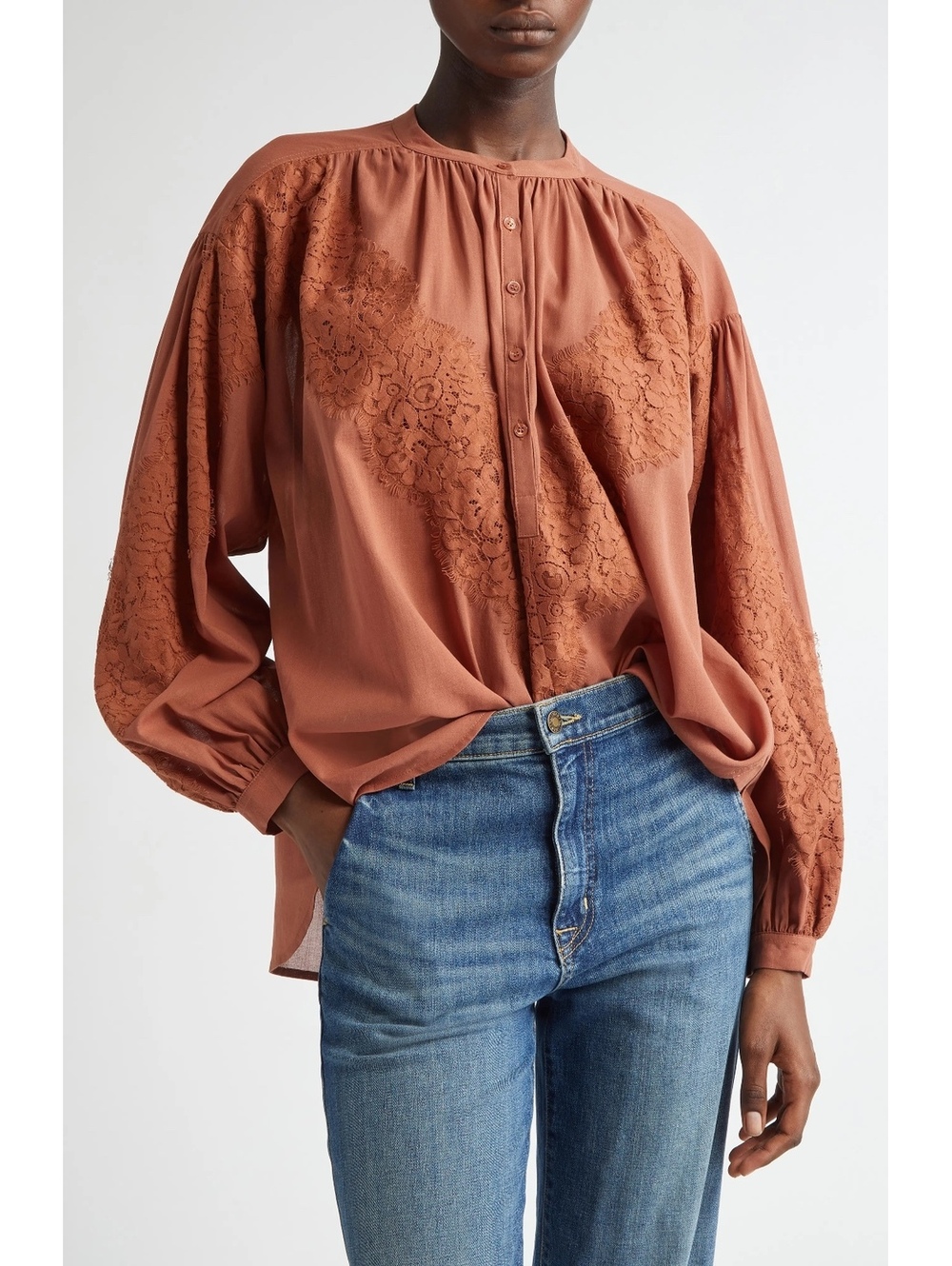 A.L.C. Elaine Lace Detail Cotton Shirt Sequoia Rust Brown Embroidered Size S